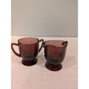 Vintage Amethyst Glass Sugar & Creamer Set — Scalloped Rim — Pedestal Base — MCM